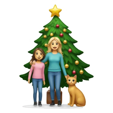 A mother, daughter & cat standing by a Christmas tree sticker