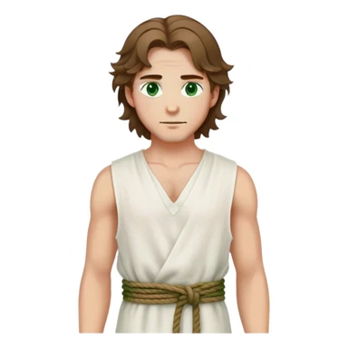 medieval summer outfit worn by a DnD themed fantasy male character. thin sleeveless linen tunic with a deep V-neck and a loosely tied rope belt. clothes only above the waist. The clothes full waist. The character's haven't arms. character is white-skinned, brown hair, green eyes, shoulder-length wavy hair. sticker