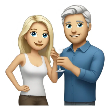 A white woman with brown eyes and blond medium long hair and a white man with blue eyes and grey hair, toasting with a glass of white wine sticker