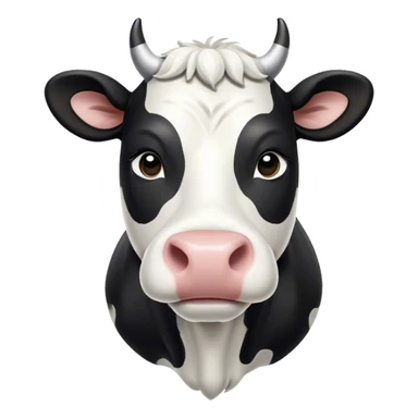 Cinematic Noble Black and White Cow Portrait Emoji, Poised and regal, with a large, sturdy build and a striking, well-groomed coat of pure black accented by crisp white patches, deep-set soulful brown eyes, Simplified yet sharp and sophisticated features, highly detailed, glowing with a soft, dignified glow, high shine, intelligent and calm, stylized with an air of modern elegance, focused and attentive, soft glowing outline, capturing the essence of a watchful and confident bovine guardian, so majestic it feels as though it could stride out of the screen with effortless authority! sticker