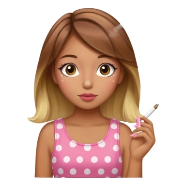 Girl with golden tan skin and brown hair with blonde highlights and cute lashes and blush with pink polka dot dress smoking weed sticker