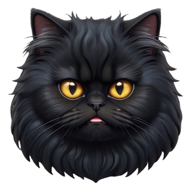 Cinematic Grumpy Frazzled Black Persian Cat Portrait Emoji, Head tilted with an exaggeratedly grumpy expression, fluffy black fur with hints of silver and deep undertones, Simplified yet hilariously frazzled features with large, expressive eyes, highly detailed, glowing with a warm but irritated glow, high shine, a mix of annoyed and disheveled, stylized with a touch of humor, bright but with a completely frazzled and grumpy face, soft glowing outline, capturing the essence of a quirky yet grumpy kitty, so endearing it feels like it could leap out of the screen and demand attention with its wonderfully grumpy, frazzled charm! sticker