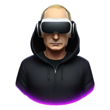 Vladimir Putin wearing a black hoodie with "OMG" letters on it and VR headset oculus quest 2 in a cyberpunk VR environment with violet neon lighting. sticker