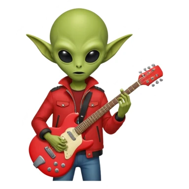 guitar rock player, aliens head, red jacket sticker