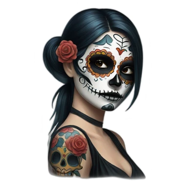 Lady looking over shoulder day of the dead tattoos and eyepatch sticker