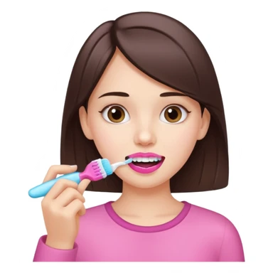 white brunette girl brushing teeth with pink toothpaste sticker
