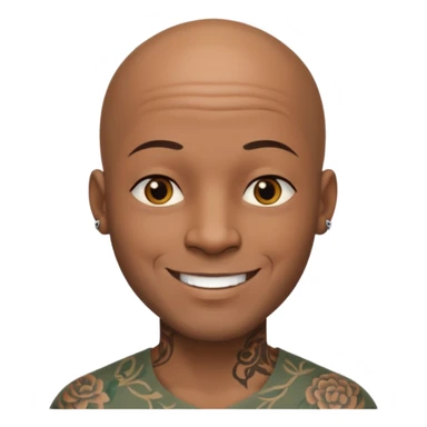 This is a cartoon-style avatar of a bald man with dark skin, golden-brown eyes, and several tattoos on his face, smiling with a lightly smile expression. sticker