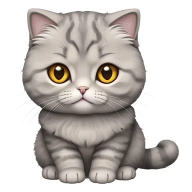 Cinematic-Fluffy-Grey-Scottish-Fold-Cat-Portrait-Emoji – Head tilted cutely with big, sparkling amber eyes, soft solid-grey fur with a velvety sheen, signature folded ears giving an irresistibly endearing look, simplified yet charmingly adorable features, highly detailed, glowing with a soft and warm charm. sticker
