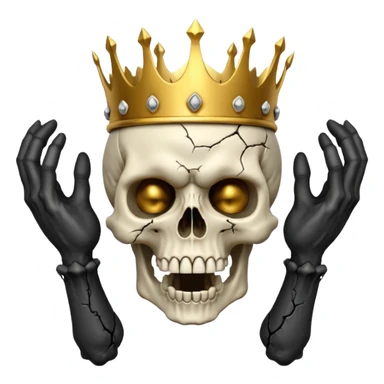 Demonic 3D skull holding its head by its two hand in shock, mouth open, wearing a golden crown, horror vibe sticker