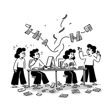 Messy group of confused teammates with mixed expressions and chaos sticker