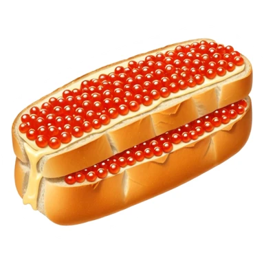 Apple style 3D emoji of a slice of fresh baguette with creamy butter and a generous layer of shining red caviar.
Realistic textures but in a clean 3D icon style. Soft reflections on the caviar pearls, delicious look, isolated on a white background. sticker