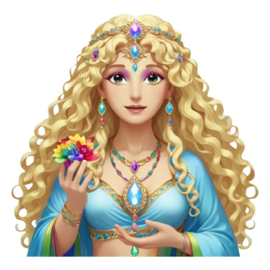 a being made of light pleidian nordic long faces and curly huge thick blond hair but beautiful features of light wearing jewels and a rainbow halo like a saint arount her a robe on made of light and gem  transparent belly dancer and who is lanky holding a bouquet of crystal flowers on rainbow fire sticker