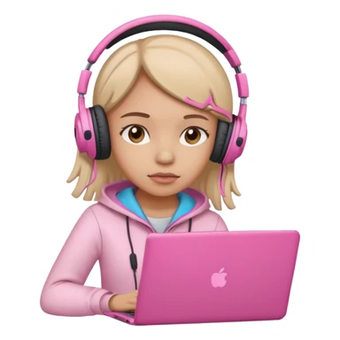 a girl with a pink laptop with headphones, color outline icon style, looking sad sticker