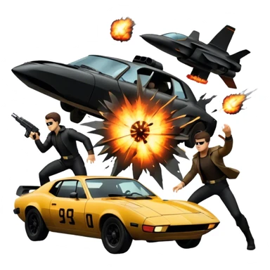 Photorealistic Icon for Action Movies: Dynamic collage of iconic action movie scenes featuring explosions, fast cars, combat, and weapons. Include silhouettes of famous action heroes, dramatic lighting, and a sense of high-octane energy. Transparent background. sticker