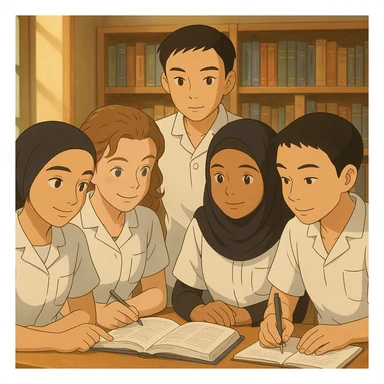 Scène intérieure en style Ghibli : quatre étudiants infirmiers collaborent, inspirés des quatre personnes sur les photos jointes. Uniformes blancs à manches courtes, col en V, poche poitrine à gauche, pas de stéthoscopes ni pied de col, avant-bras nus, cheveux longs attachés. Ambiance conviviale et studieuse. sticker