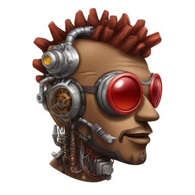 Brown cyborg head with red Mohawk, red beard. silver steampunk monocle goggles a smile and circuits sticker