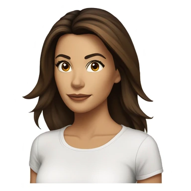 3/4 face, contrasted, shadow, light, Eva Longoria expression, standing from a distance, thin nose, brunette woman, hazel eyes, long eyelashes, dark shoulder shaded hair, white t-shirt, jeans, white sneakers sticker
