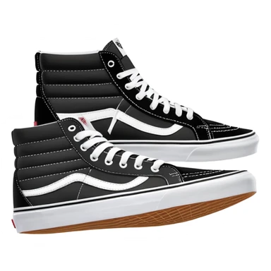Pair of black Vans Sk8-Hi sneakers clearly arranged with one directly behind the other, high-top skate shoes with white jazz stripe, black canvas upper, white stitching, white rubber sole sticker
