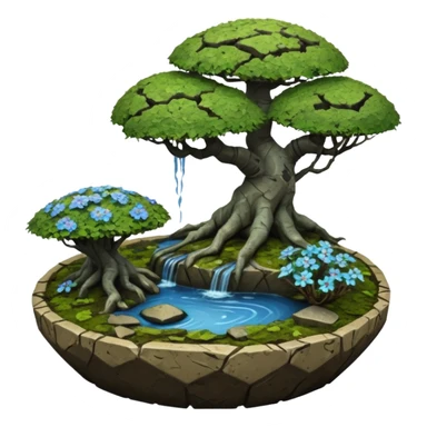 Alien saucer jungle-vines mountain-island landscape antique mudman very old broken cracked intricate Stone Age rocky-crusted irregular dodecagon-shaped shallow dark moss rough bark blue serissa flowered maple tree bonsai pot sticker