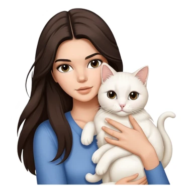 brunette Kendall Jenner with long hair holding on the hands a white cat sticker