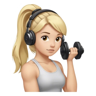 Blonde girl lifting weights, hair in a ponytail with brown beats headphones over ears sticker