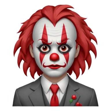 No wig, but long messy brown hair.

White face paint with red clown makeup and a red nose.

Wearing a gray suit with a tie.

Expression is sad and serious, resembling a clown with a more human-like look. sticker