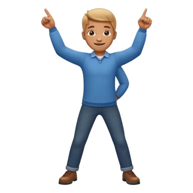 emoji of a cheerful cartoon person pointing down at the ground with both hands — standing straight, smiling confidently, arms bent and both index fingers extended downward — simple background, bright lighting, clean expressive Apple emoji design, playful and clear “here” meaning sticker