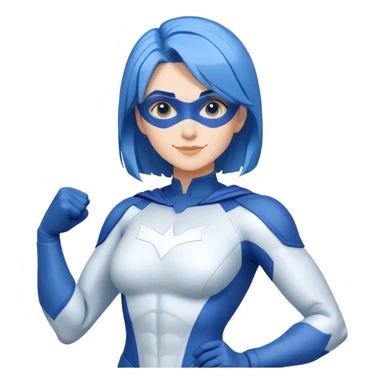 Emoji of a friendly woman with blue hair (no mask), wearing a minimalist blue and white superhero suit with broad shoulders. The suit has a large blank area on the chest for a logo, uses only blue and white colors, and has minimal details. The image shows from head to mid-chest. Cheerful expression sticker