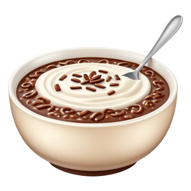 realistic emoji of champorado, chocolate rice porridge in a bowl, glossy surface, creamy milk swirls, and a spoon, highly detailed and lifelike sticker