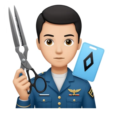 Floating black Scissors cutting a light blue military ID card in 2 parts .hyper realistic sticker