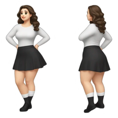 full-body-caucasian-curvy-beauty-кланяется-short-black-skirt-back-and-front-views-strong-wind-knickers-long-white-socks sticker