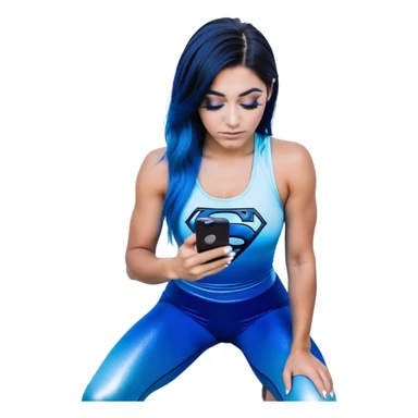 Disapponted-big tears-head back texting on phone-very very large upper body-sexy face-bending forward at waist-very long very straight dark blue to light blue ombre hair-and-blue eyes-thick black eyeliner-long eyelashes-iridescent blue lowcut tanktop with black leggings with glitter superman logo sticker