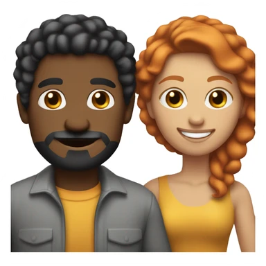 Emoji of a light-skinned red-haired woman and a dark-skinned man with black power hair, mustache, and goatee, holding hands and smiling in a minimalistic style, showing a friendly bond. sticker