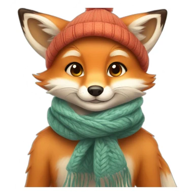 A cute little charming fox cub in a winter hat and scarf sticker