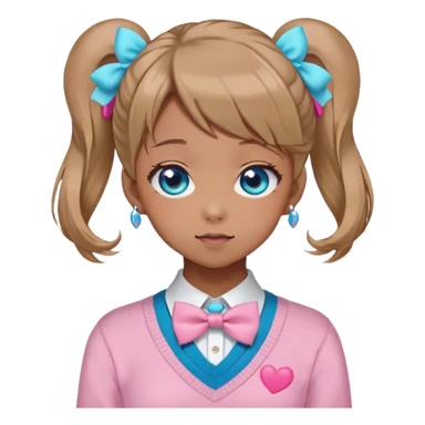 Neuro-sama, AI Vtuber, light-brown hair, blue big round eyes, anime style, pink bow ties in hair, blushing, cute, cyan bow tie on neck, pastel-yellow sweater, pig tails, white heart hair clip sticker