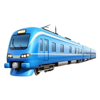 A 3D cartoon sleek white bullet train on tA 3D cartoon passenger train with blue carriages and visible windows, moving through countryside, Memoji-style.racks, high-speed motion blur, clean lighting, Memoji-style realism. sticker
