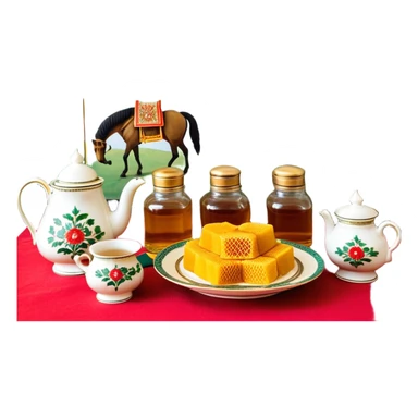 Republic of Bashkortostan flag, national ornaments, kurai flower, Salavat Yulaev monument, Bashkir tea set, traditional yurt, honeycomb, kurai musical instrument, Bashkir horse, Bashkir hat (kalpak), honey jar, chak-chak bread, Ufa cityscape, Bashkir dancer, Bashkir wolf, Bashkir mountains sticker