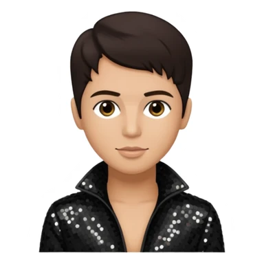 Frankie Zulferino, Pop Singer (b.1990) with dark brown hair, black sequin outfit, light tan skin sticker