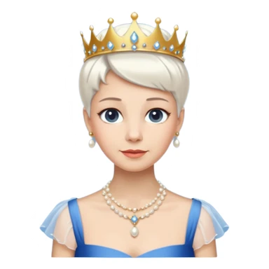 Queen with white short hair – gold tiara, pearl necklace, elegant gown, blue dress sticker