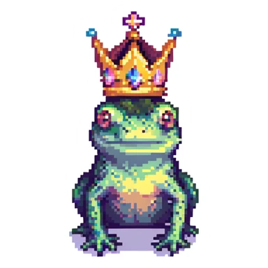 pixel art crowned frog wearing a crown, facing forward, minimalistic style sticker