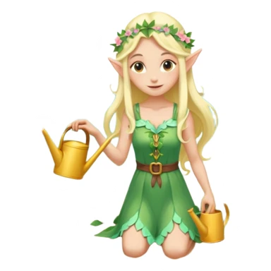 elf female tending to glowing beach plants, floral sundress, watering can or magic light, pointy ears, gentle smile, centered emoji, pastel magic sticker
