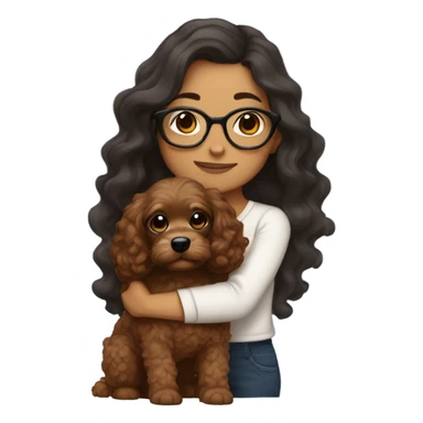 Latina girl with glasses and dark long wavy hair hugging a brown cavapoo sticker