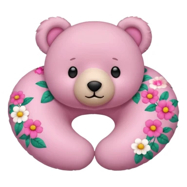 pink teddy bear wearing a floral neck pillow, simple and cute, no text sticker