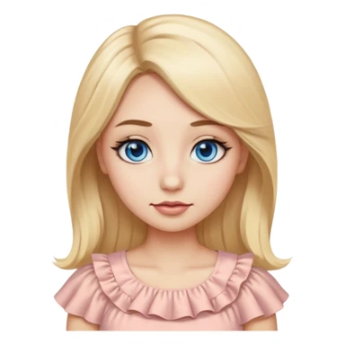 Emoji girl with not very big close-set blue eyes and eyeliner, long and straight eyebrows, long round nose, wide not very full lips, long oval face shape, long blonde hair in cute ruffle beige top sticker