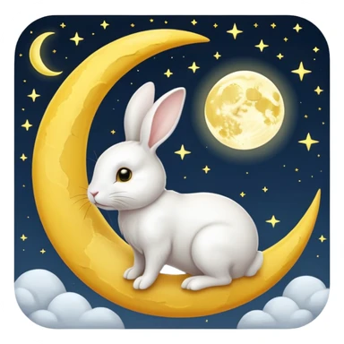 a white bunny in the foreground (no small details) and a large crescent moon in the background

minimal art versions please 2 colours, white and yellow sticker