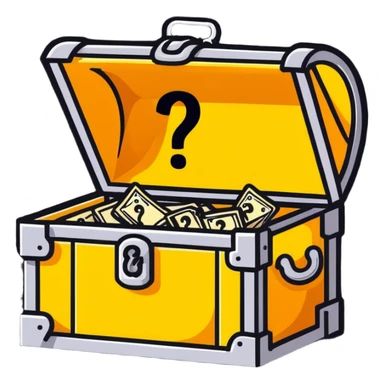 treasure chest peeking out from behind a question mark, playful and mysterious sticker