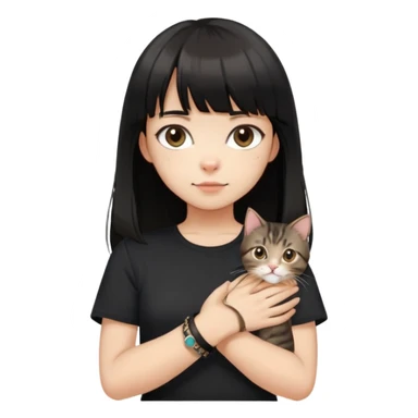 A girl with black long hair and bangs, wearing a black short-sleeved shirt, a brown bracelet on her right wrist, white skin, holding a tabby cat, the cat is standing upright sticker