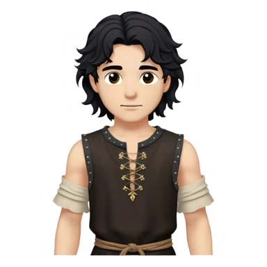 medieval summer outfit worn by a DnD themed fantasy male character. basic sleeveless hemp tunic with a reinforced collar and a crude stitch pattern. clothes only above the waist. The clothes full waist. The character's haven't arms. character is white-skinned, jet black hair, brown eyes, medium-length wavy hair. sticker