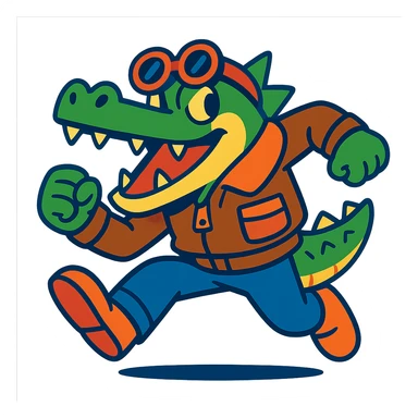 a crocodile with bomber jacket and goggles, action stance, vibrant colors, energetic, fun illustration sticker
