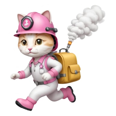 A cute white and pink cat dressed as engineer with a white helmet running very fast carrying her cute bag Leaving a trail of smoke under her feets sticker